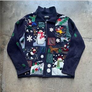 Blue Christmas Zip-Up Sweater with Embroidery and Patchwork